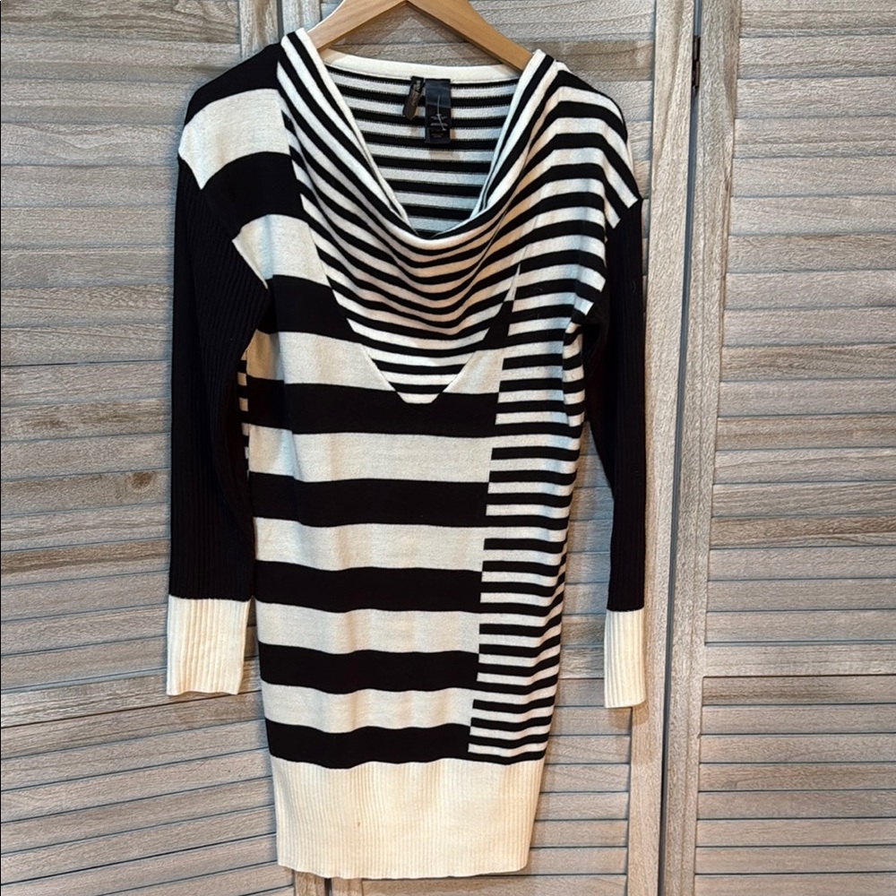 Bisou Bisou Black and White Midi Dress with Asymmetrical Stripes